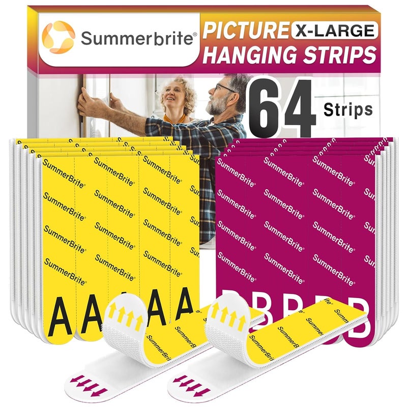 Summerbrite Picture Hanging Strips Heavy Duty XL 32 Pairs/64Strips, Damage Free Hanging Picture Hangers, Removable Adhesive Hook and Loop Wall Strips, Frame Stickers No Nails for Home Decor Wall Posters - Image 1